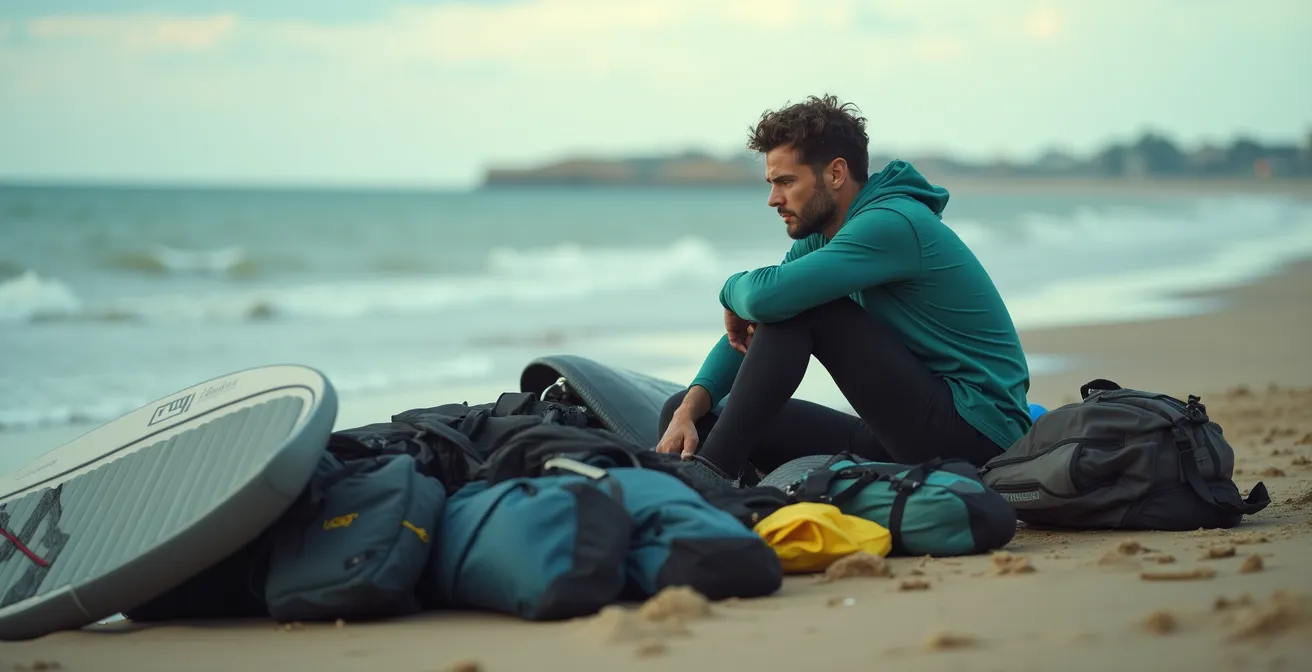 Sportif de kitesurf déçu sur la plage avec son matériel rangé, ambiance mélancolique