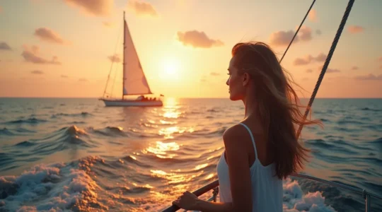 Vue immersive depuis le pont d'un voilier au lever du soleil, en mer, ambiance contemplative et aventureuse.