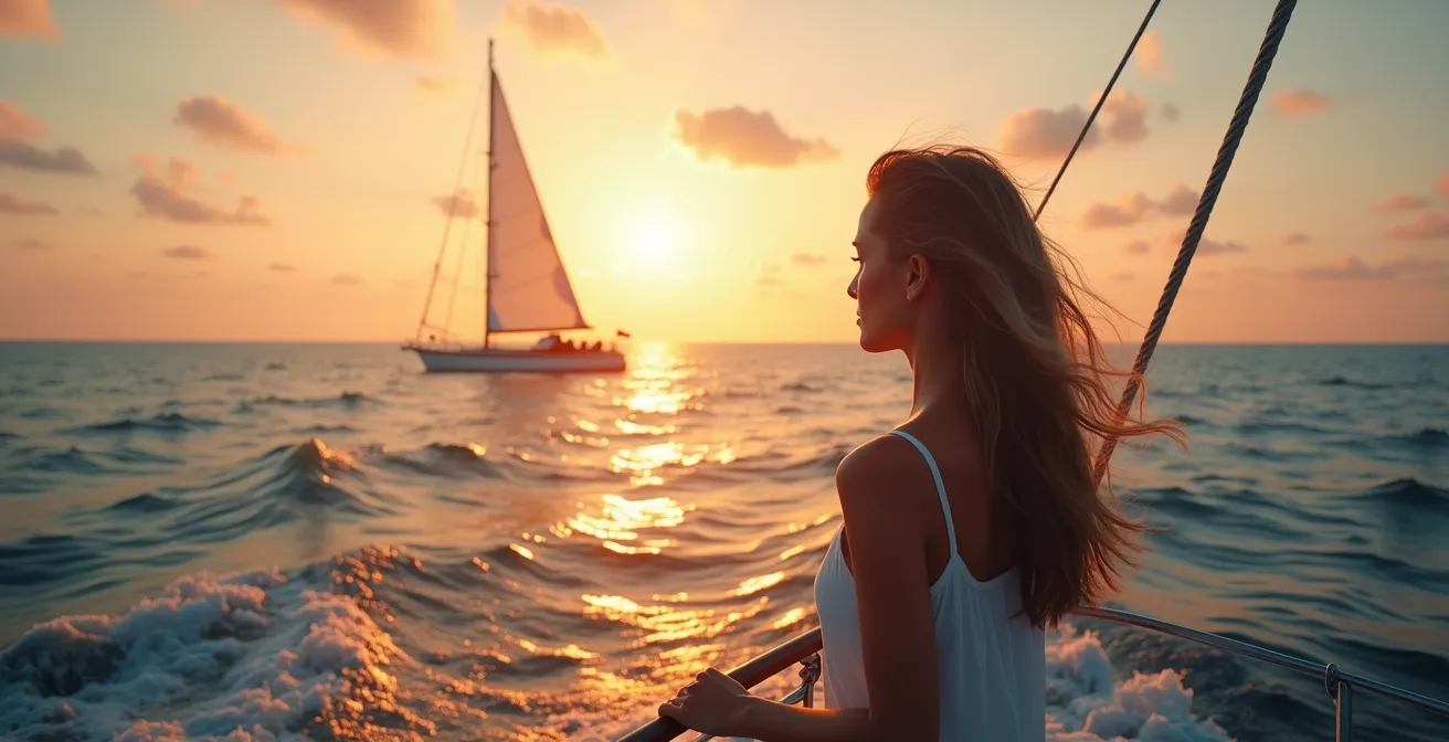 Vue immersive depuis le pont d'un voilier au lever du soleil, en mer, ambiance contemplative et aventureuse.