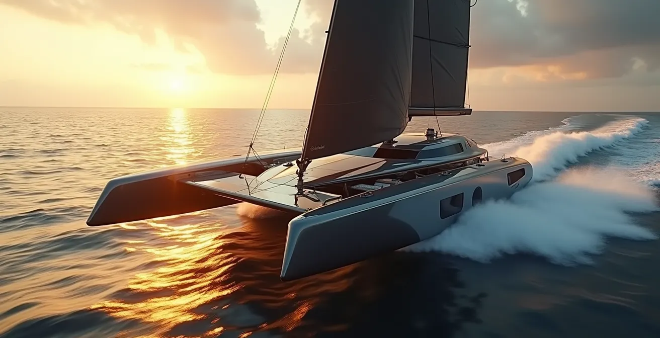 Un voilier de compétition moderne et futuriste naviguant à grande vitesse avec des coques et foils innovants sur une mer agitée, sous un ciel lumineux.