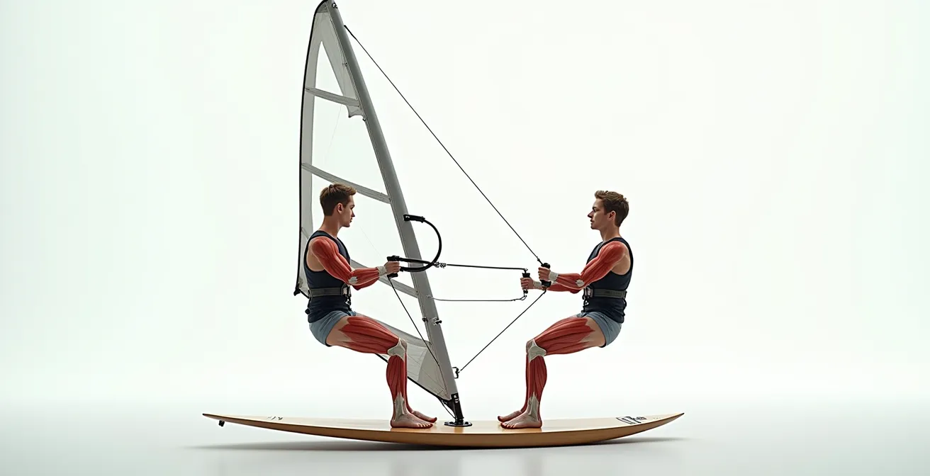 Diagramme artistique montrant un windsurfeur utilisant le harnais avec visualisation des forces, muscles engagés et leviers corporels