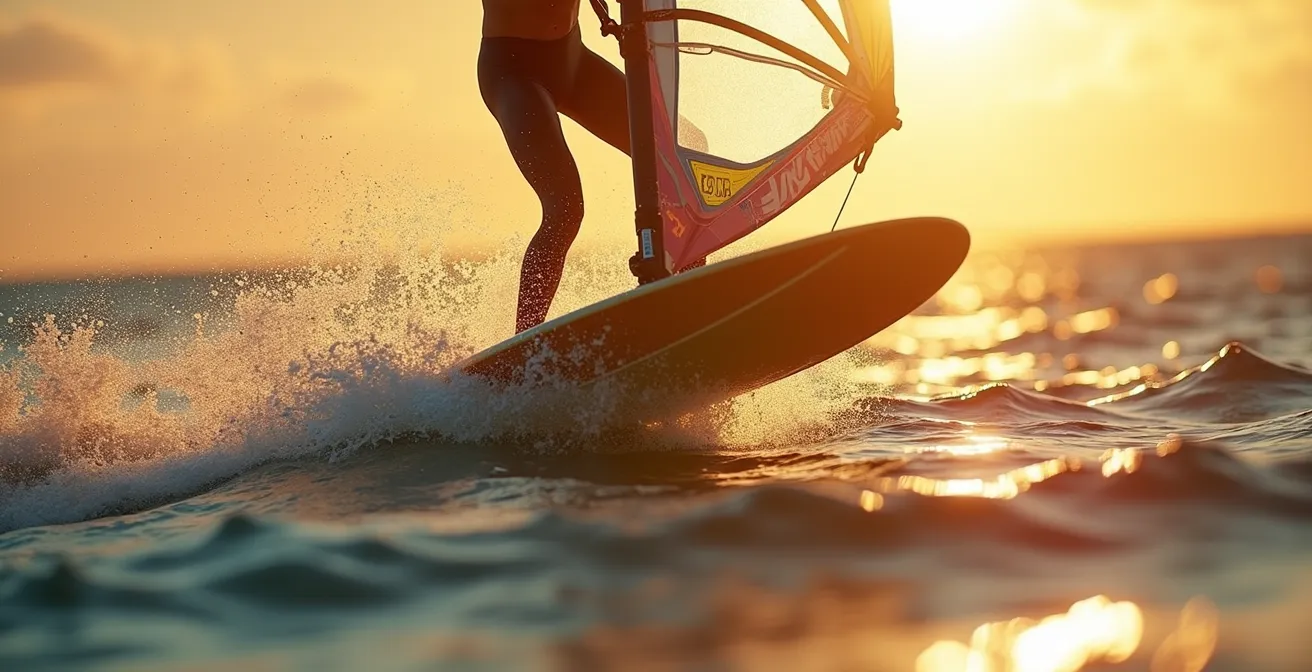 Windsurfer en action, exécutant un pumping dynamique avec mise en avant de la chaîne cinétique des jambes, hanches et haut du corps