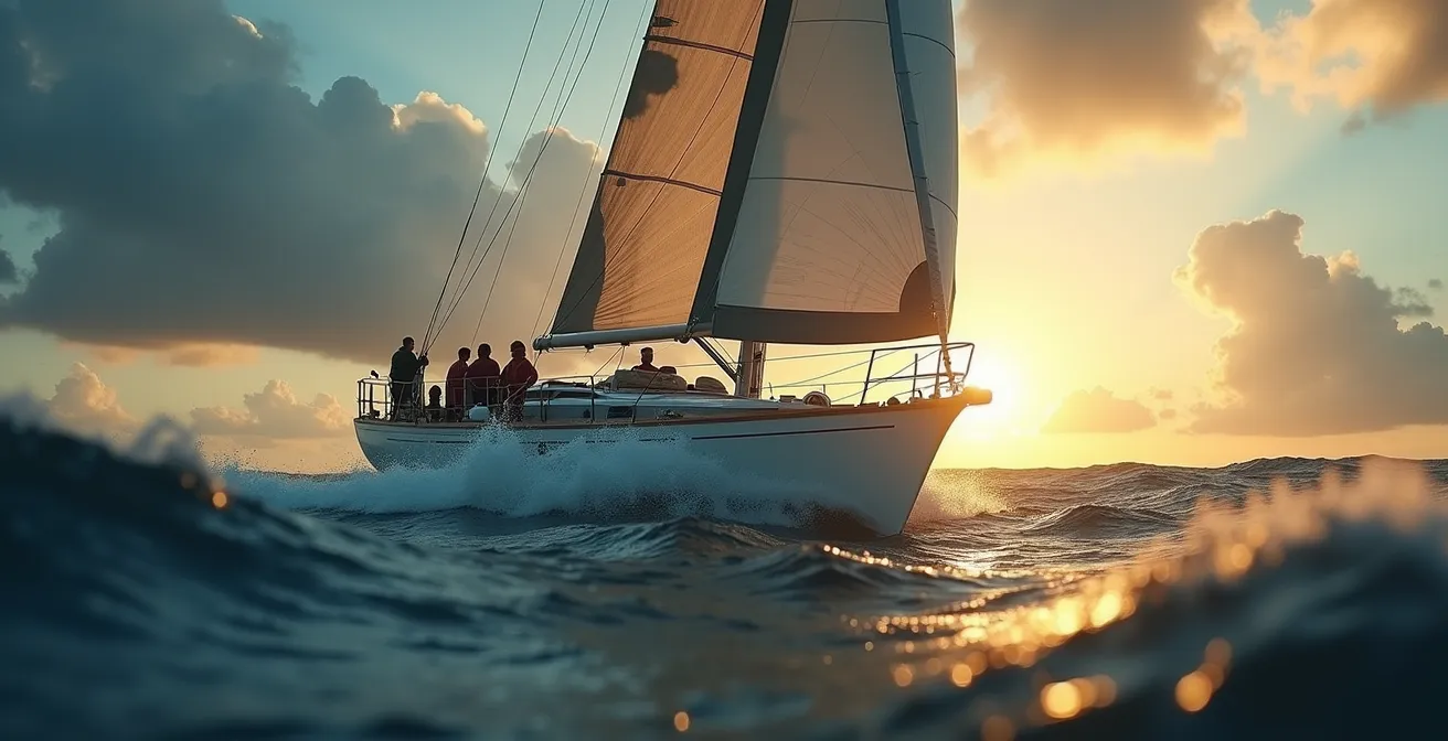 Voilier naviguant en mer agitée avec équipage en action, illustrant un comportement marin sûr et confortable