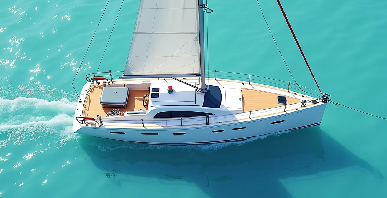 Représentation graphique d'un voilier vue de dessus montrant la répartition concentrée des poids au centre du bateau pour un meilleur confort