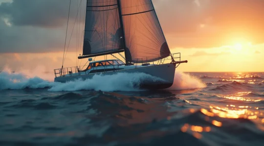 Un voilier de course en pleine vitesse sur un plan d'eau, symbolisant la transformation d'une décision tactique en performance grâce à l'information.