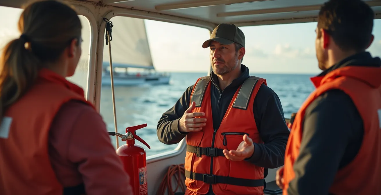 Skipper expliquant la checklist de sécurité à l'équipage en manipulant les équipements de bord