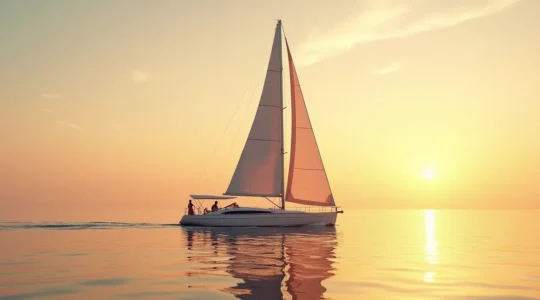 Un voilier élégant naviguant sur une mer calme au coucher de soleil, symbole du choix réfléchi et personnalisé d'un voilier