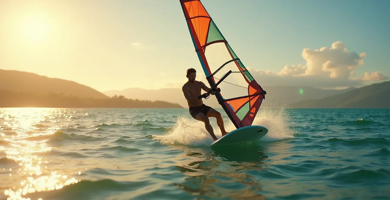 Image esthétique d'un windsurfer sur une planche avec un wishbone bien réglé capturant l'équilibre parfait entre hauteur et longueur du wishbone
