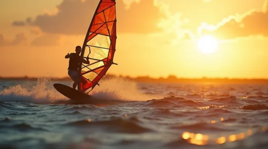 Un windsurfeur en pleine navigation sur une mer agitée, entouré de différents éléments de son équipement flottant autour de lui : une voile déployée, un flotteur, un mât et un wishbone, symbolisant le choix et l'assemblage du matériel.