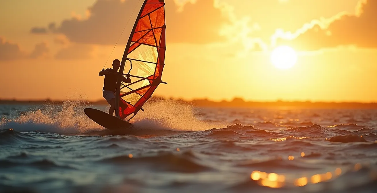 Un windsurfeur en pleine navigation sur une mer agitée, entouré de différents éléments de son équipement flottant autour de lui : une voile déployée, un flotteur, un mât et un wishbone, symbolisant le choix et l'assemblage du matériel.