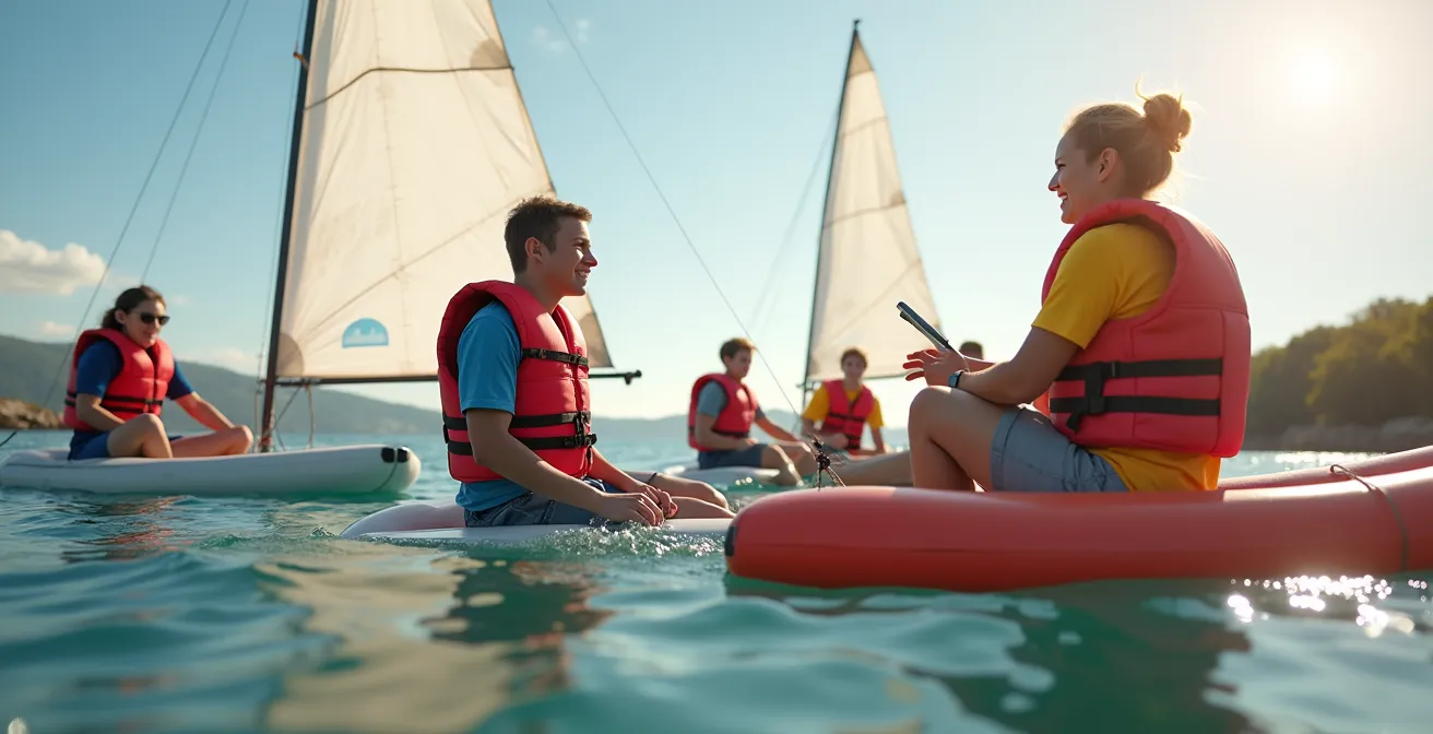 Groupe diversifié lors d'une journée découverte en école de voile avec moniteur visible