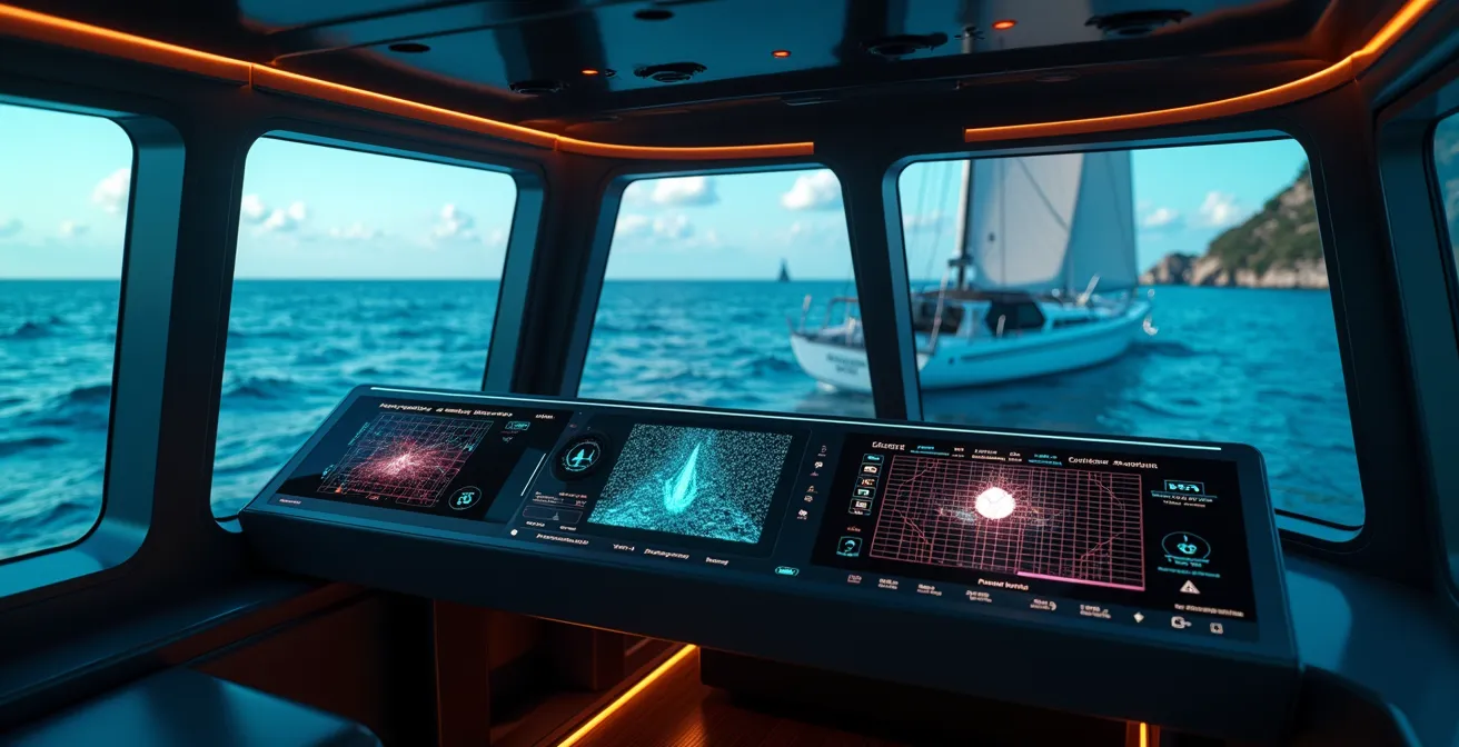 Technologie moderne de détection par sonar et intelligence artificielle des objets flottants en mer lors d'une compétition de voile