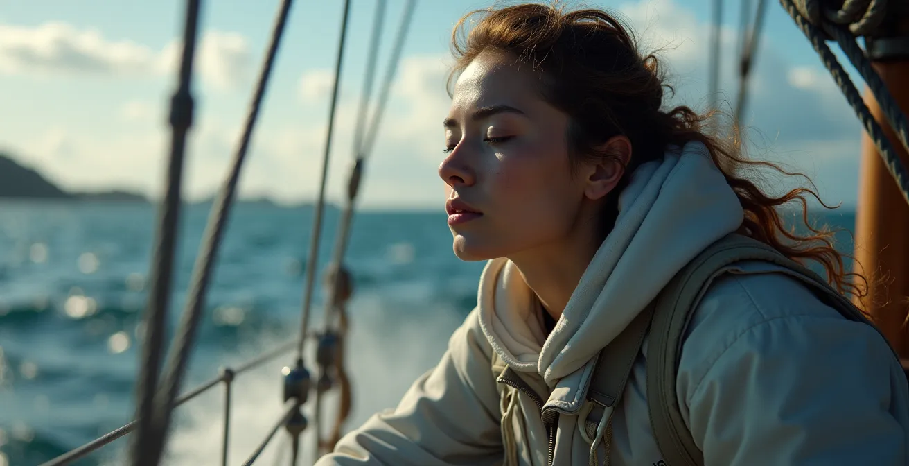 Un marin ressentant intimement le mouvement de son bateau, les vagues et le vent symbolisés comme un flux sensoriel autour de lui.