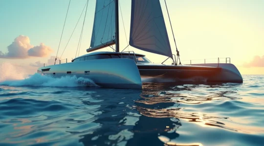 Catamaran moderne équipé de foils volant au-dessus de l'eau durant une course sous un ciel bleu clair