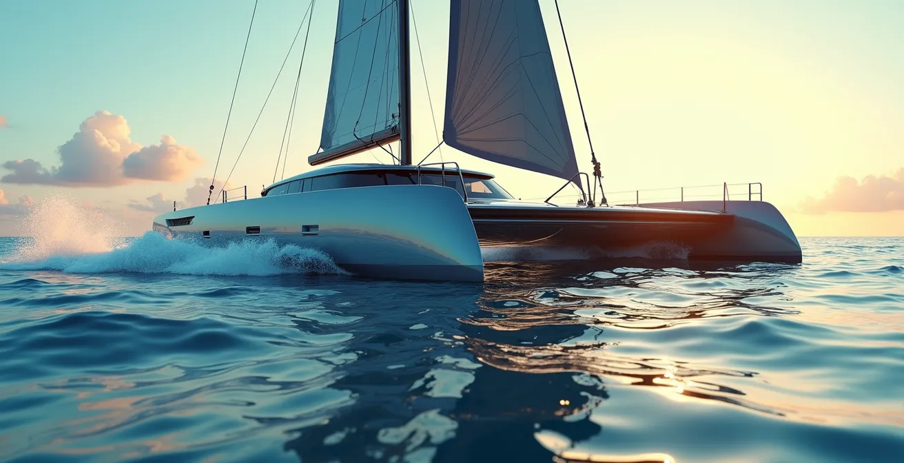 Catamaran moderne équipé de foils volant au-dessus de l'eau durant une course sous un ciel bleu clair