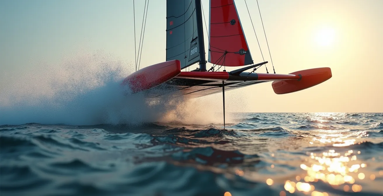 Un catamaran à foils en vol au-dessus de l'eau avec détails sur les mécanismes des foils.