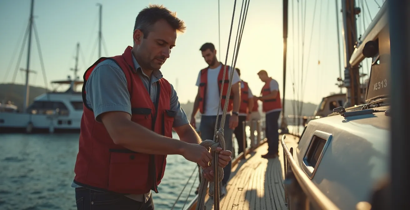 Un équipier attentif prépare des pare-battages sur un voilier moderne avant une manœuvre au port.