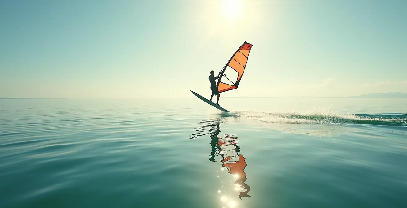 Photographie réaliste d’un windsurfer en foil flottant légèrement au-dessus de l’eau avec un arrière-plan de mer calme et ciel dégagé.