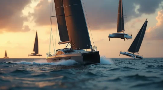 Un monocoque élégant naviguant sur l'océan avec des multicoques volants en arrière-plan sous un ciel dramatique.