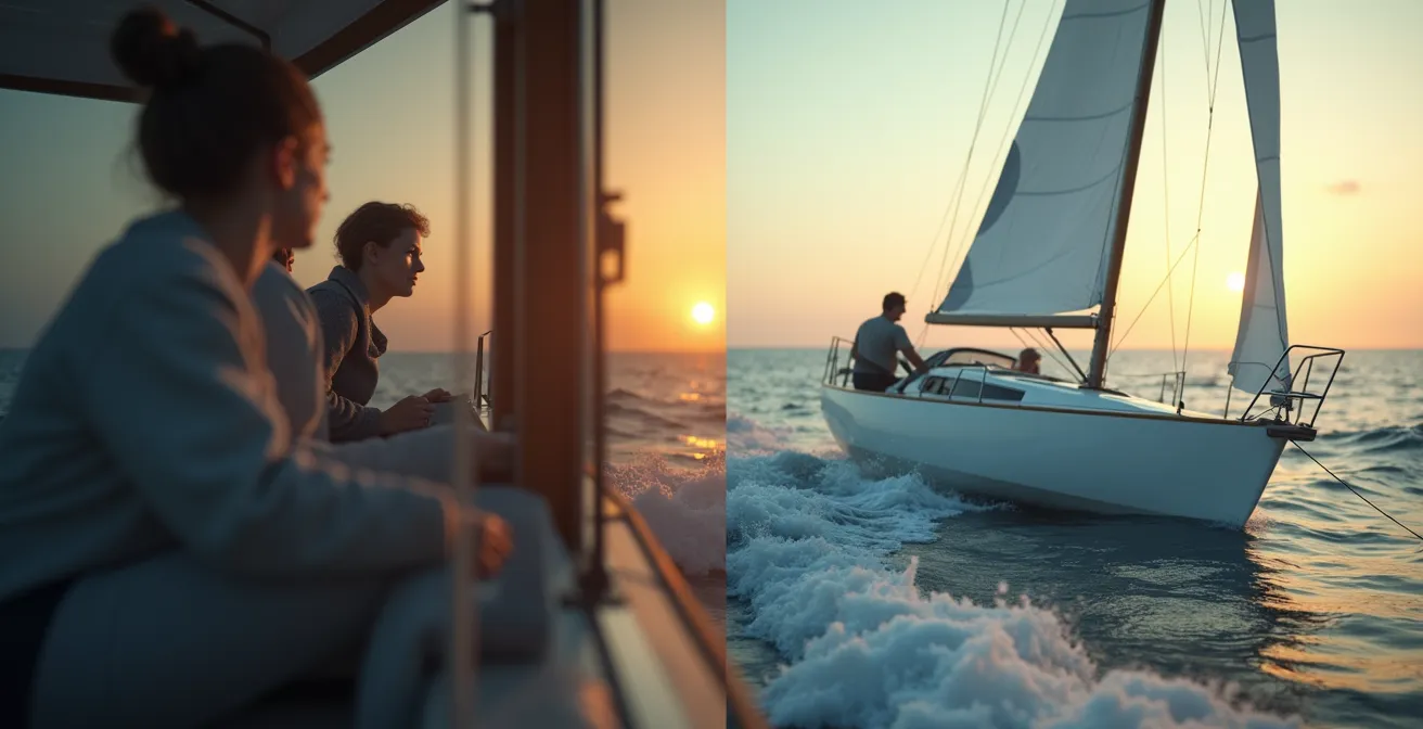 Différents formats de régates avec équipages en action sur eau calme et haute mer