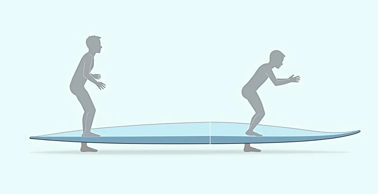 Une illustration technique montrant deux profils de flotteurs de windsurf vus de côté, l'un avec un scoop tendu et l'autre avec un scoop en forme de banane, pour comparer leur influence sur la vitesse et la facilité au jibe.