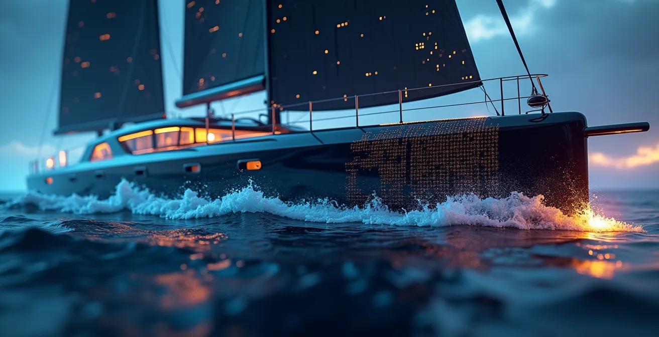 Schéma stylisé montrant l'impact des vagues sur une coque de monocoque et des données numériques flottant autour.