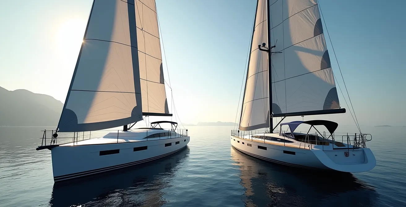 Comparaison visuelle entre un voilier croiseur confortable et un voilier coursier rapide en navigation