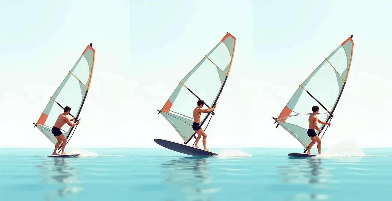 Illustration décomposant les phases clés du waterstart en windsurf avec un rider montrant la posture et placement des mains et pieds.