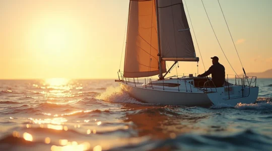 Voilier en pleine régate sous un ciel lumineux, bordé par l'eau vive, symbolisant la concentration intense et la fusion du navigateur avec son bateau