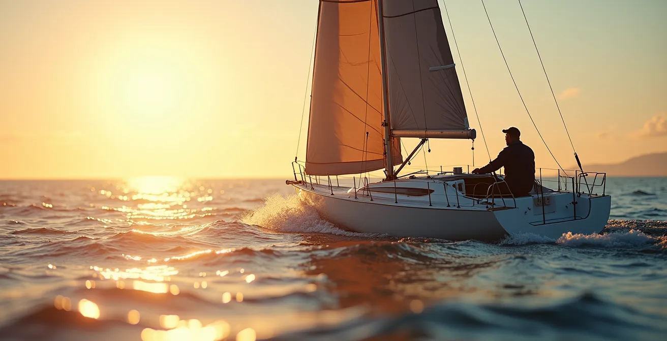 Voilier en pleine régate sous un ciel lumineux, bordé par l'eau vive, symbolisant la concentration intense et la fusion du navigateur avec son bateau