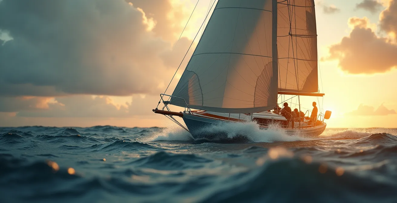Un voilier en mer avec ses voiles gonflées dans une lutte contre le vent, symbolisant l'art complexe de remonter face au vent