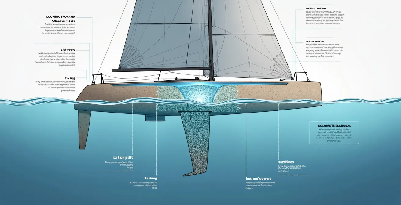 Schéma explicatif montrant la portance, la cavitation et les types de foils sur un catamaran en vol