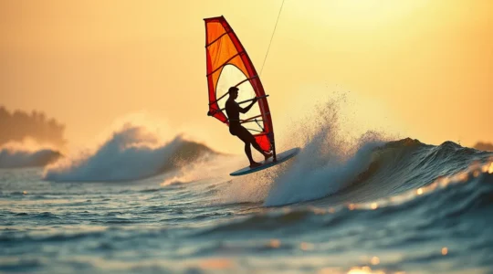 Un windsurfer en plein équilibre, glissant sur l'eau avec la voile déployée capturant le vent, évoquant la sensation de vol et de glisse.