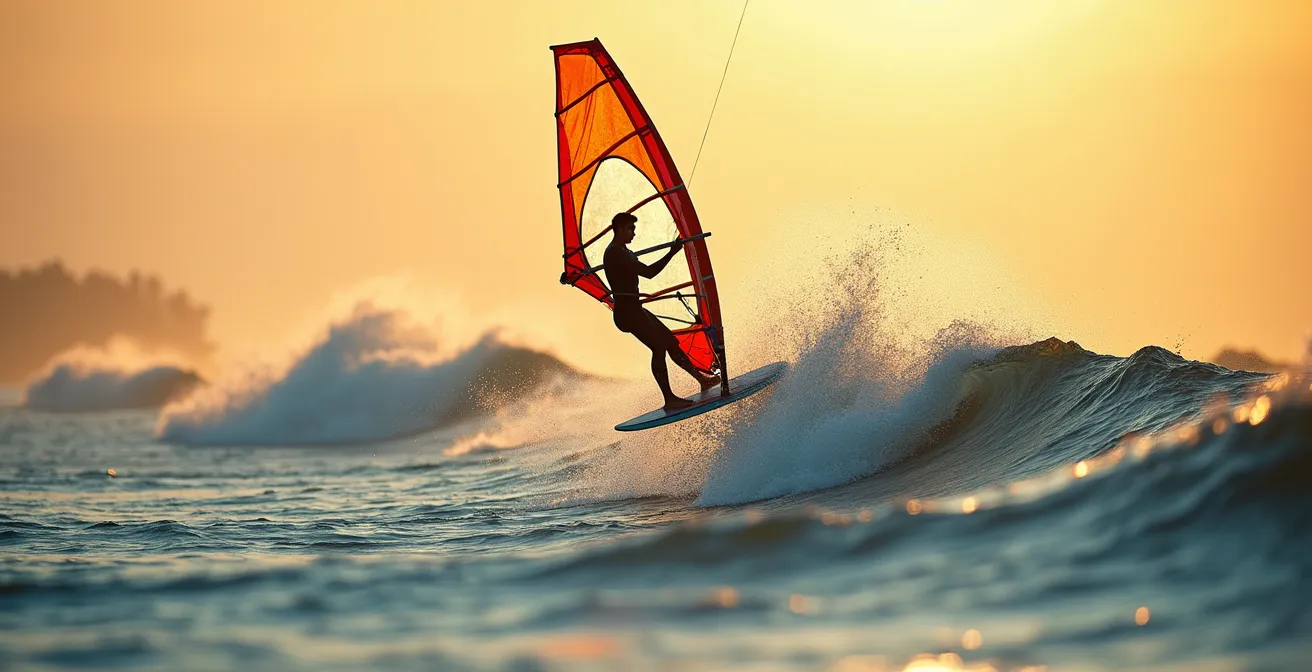 Un windsurfer en plein équilibre, glissant sur l'eau avec la voile déployée capturant le vent, évoquant la sensation de vol et de glisse.