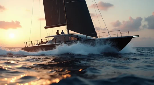 Un voilier de course très moderne et extrême, flottant à grande vitesse sur l'eau avec un design futuriste sous un ciel dramatique