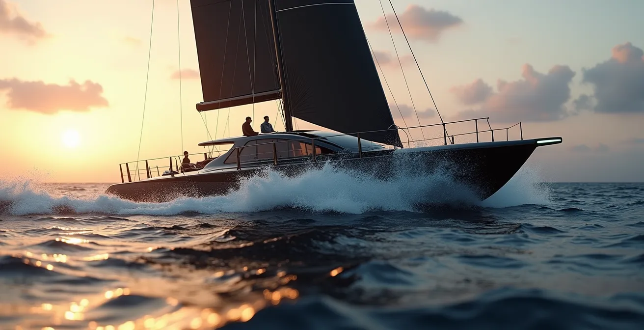 Un voilier de course très moderne et extrême, flottant à grande vitesse sur l'eau avec un design futuriste sous un ciel dramatique