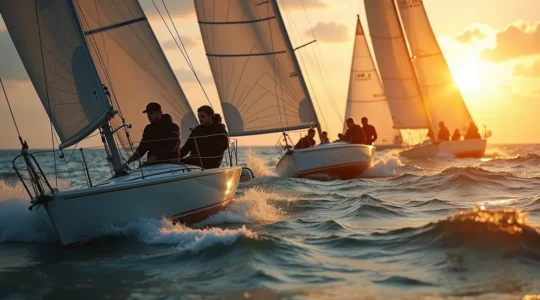 Voiliers en compétition avec équipages concentrés sur l'eau agitée lors d'une régate intense