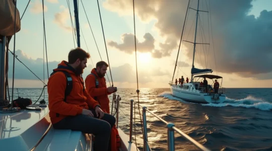 Un bateau en mer avec un équipage vigilant utilisant des équipements de sécurité nautique variés sous un ciel changeant