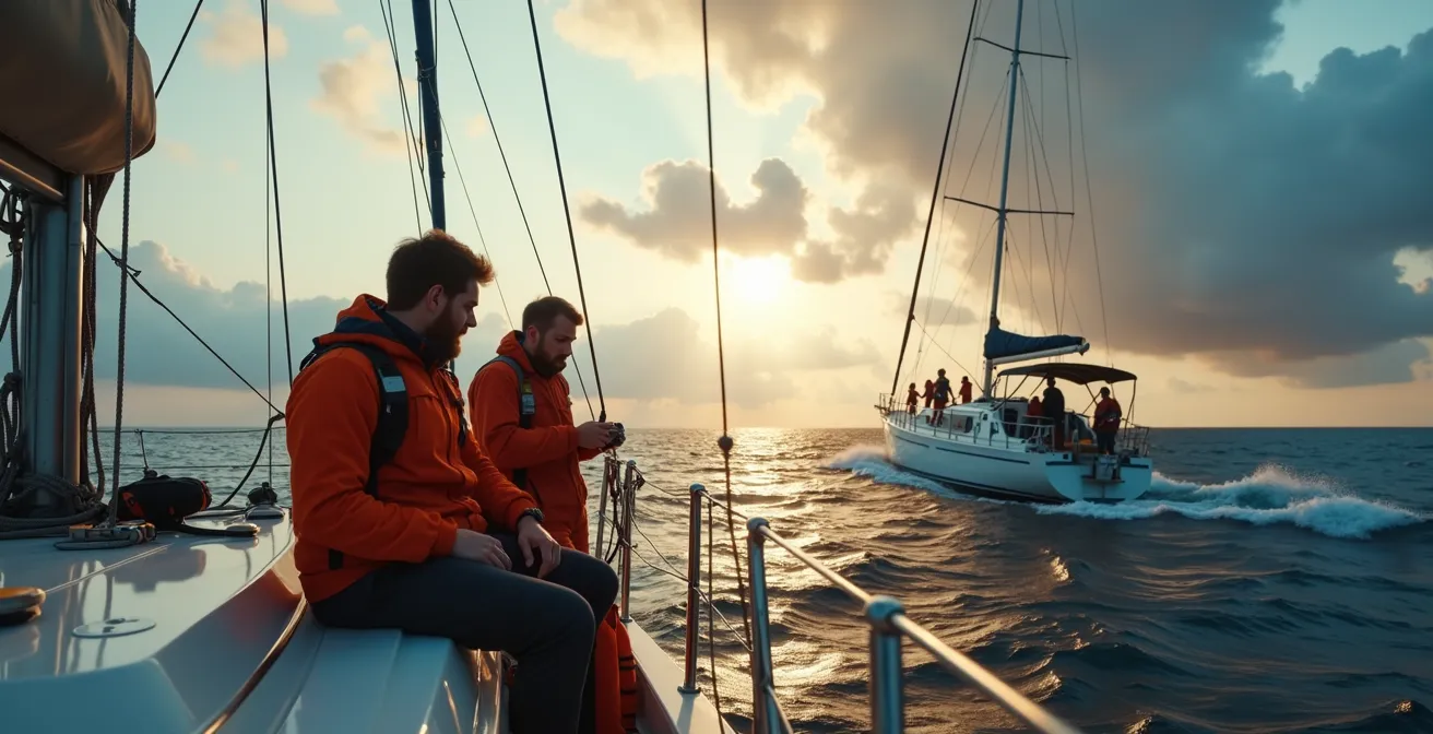 Un bateau en mer avec un équipage vigilant utilisant des équipements de sécurité nautique variés sous un ciel changeant
