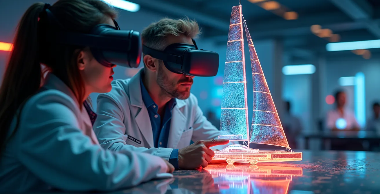 Visualisation en réalité virtuelle d’un bateau avec simulateur numérique affichant les flux d’air et les contraintes structurelles sur la coque.