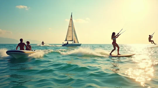 Marins pratiquant dériveur, catamaran, paddle et kitesurf sur une mer calme avec un ciel lumineux