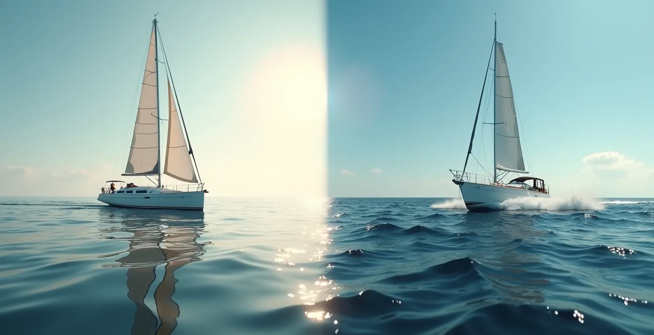 Comparaison visuelle entre un voilier naviguant sur une mer plate et calme et un autre affrontant un clapot agité.