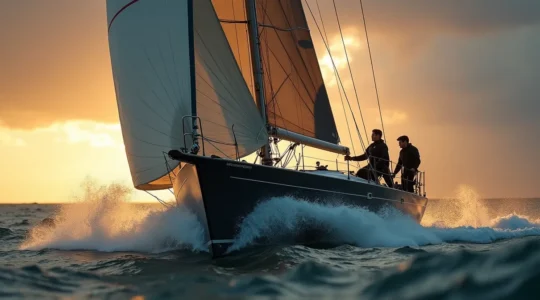 Voilier de régate en pleine vitesse sous un ciel dramatique, avec équipage concentré et voiles parfaitement réglées