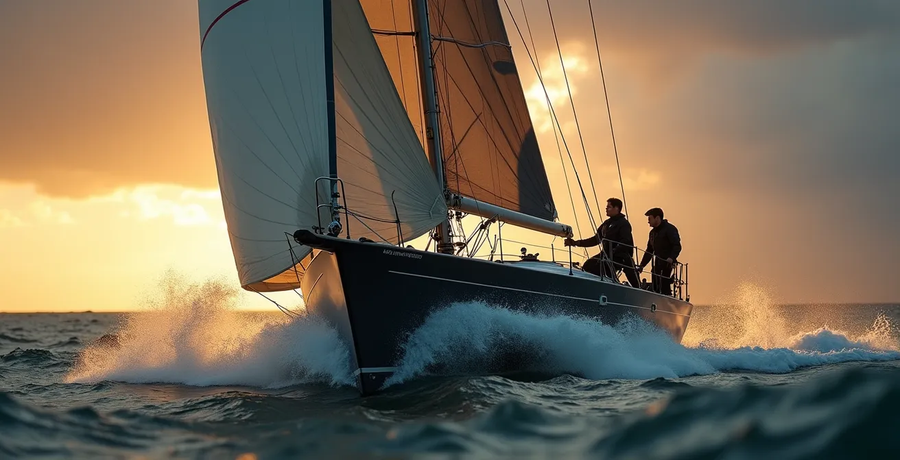 Voilier de régate en pleine vitesse sous un ciel dramatique, avec équipage concentré et voiles parfaitement réglées