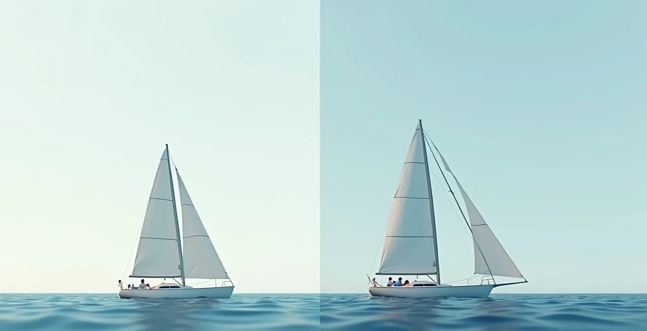 Diagramme illustré montrant une voile creuse versus une voile plate, avec un voilier inclinant sous la voile trop creuse pour illustrer le couple puissance-gîte
