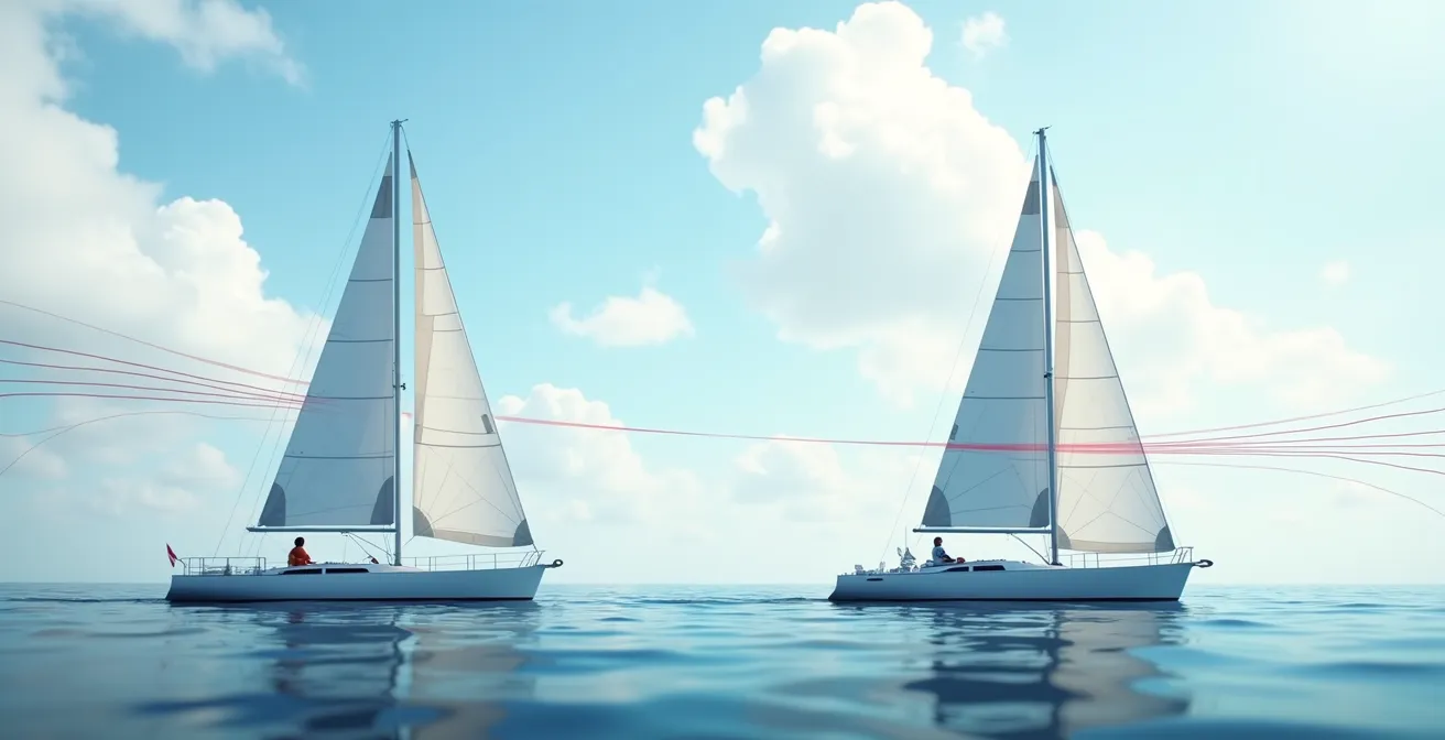 Comparaison visuelle entre une voile souple traditionnelle et une aile rigide innovante sur un voilier en pleine navigation.
