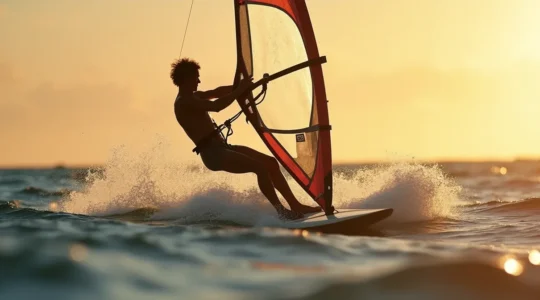 Windsurfer en action sur l'eau, utilisant son corps comme gouvernail pour contrôler la voile avec grâce et fluidité