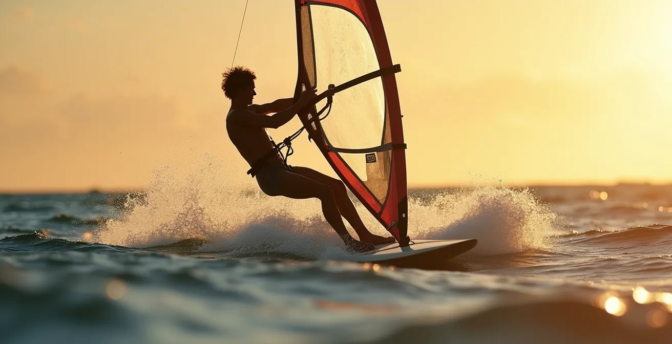 Windsurfer en action sur l'eau, utilisant son corps comme gouvernail pour contrôler la voile avec grâce et fluidité