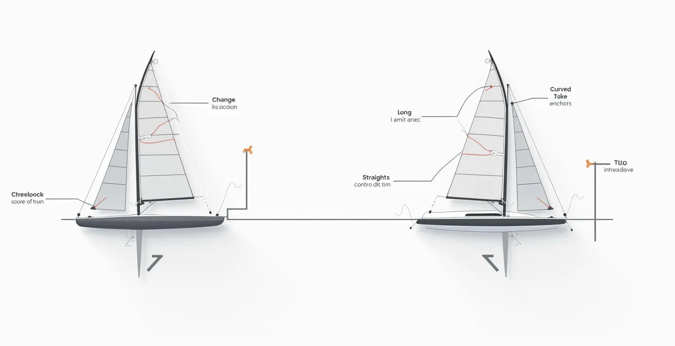 Illustration comparative d'un wishbone court et d'un wishbone long avec leurs effets sur la voile de windsurf