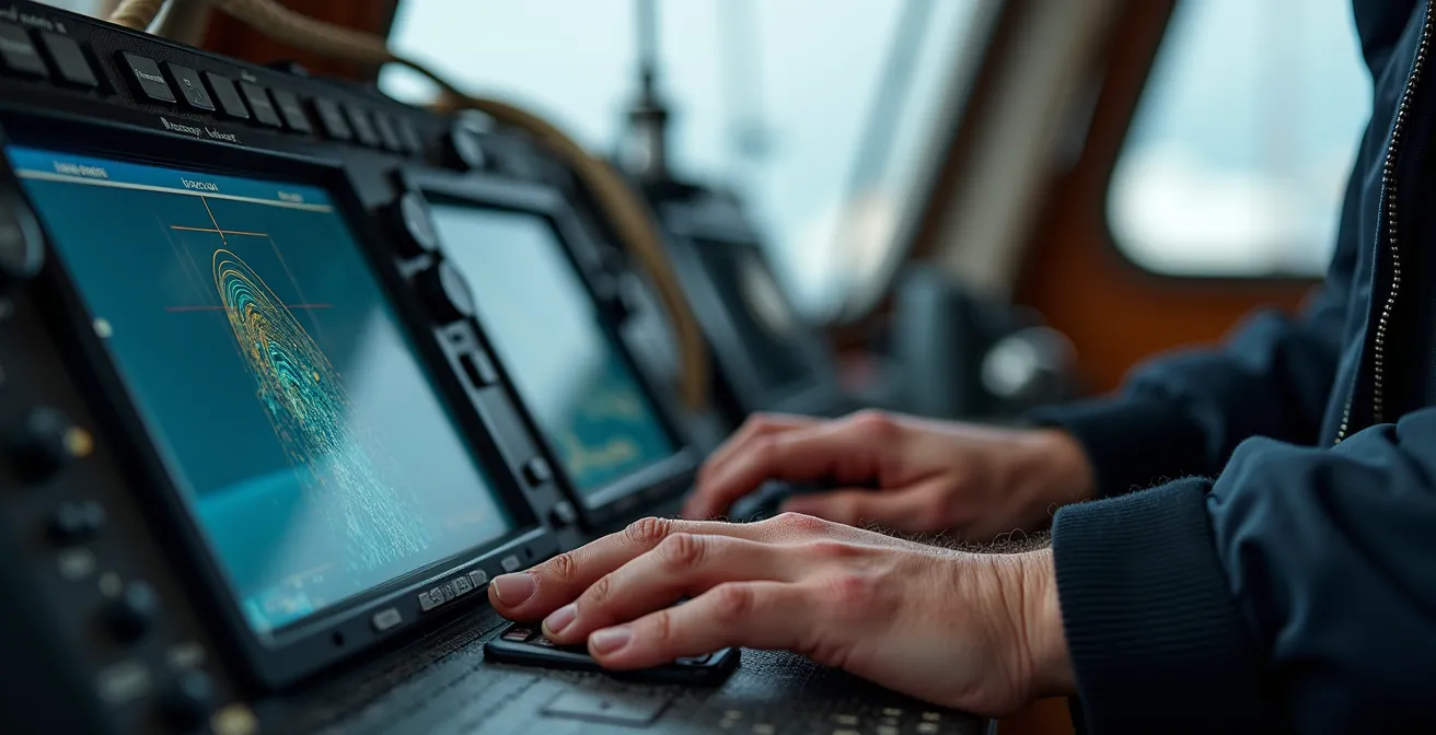 Poste de navigation d'un voilier moderne montrant des écrans de données de performance et de trajectoires GPS, vue arrière sans texte visible